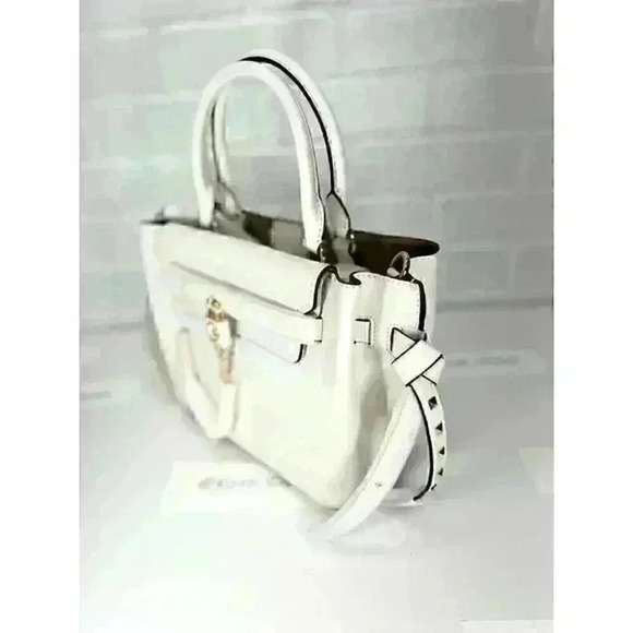 Michael Kors Satchel Hamilton Legacy SM Studded Leather Belted Purse Optic White - Picture 3 of 12